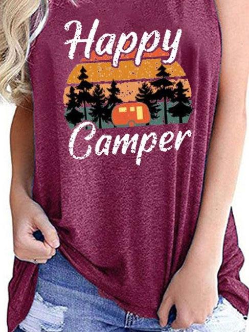 Happy Camper Print Crew Neck Tanks Tops - LuckyFash™