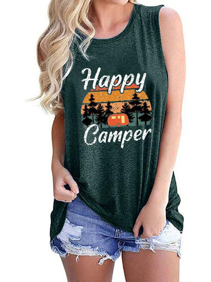 Happy Camper Print Crew Neck Tanks Tops - LuckyFash™