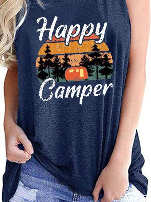 Happy Camper Print Crew Neck Tanks Tops - LuckyFash™