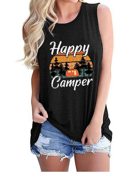Happy Camper Print Crew Neck Tanks Tops - LuckyFash™
