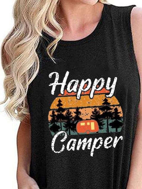 Happy Camper Print Crew Neck Tanks Tops - LuckyFash™
