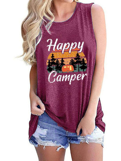 Happy Camper Print Crew Neck Tanks Tops - LuckyFash™