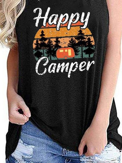 Happy Camper Print Crew Neck Tanks Tops - LuckyFash™
