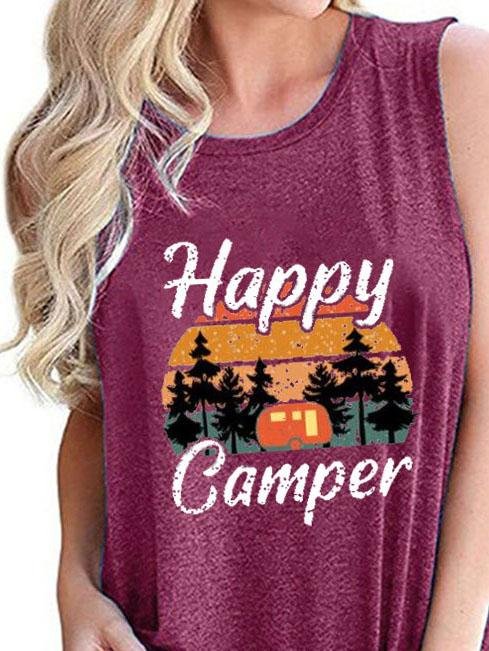 Happy Camper Print Crew Neck Tanks Tops - LuckyFash™