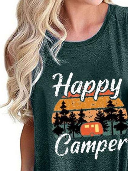 Happy Camper Print Crew Neck Tanks Tops - LuckyFash™
