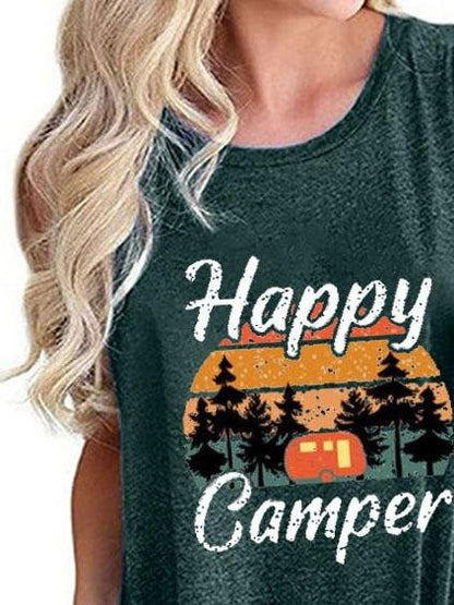 Happy Camper Print Crew Neck Tanks Tops - LuckyFash™