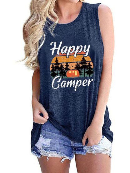 Happy Camper Print Crew Neck Tanks Tops - LuckyFash™