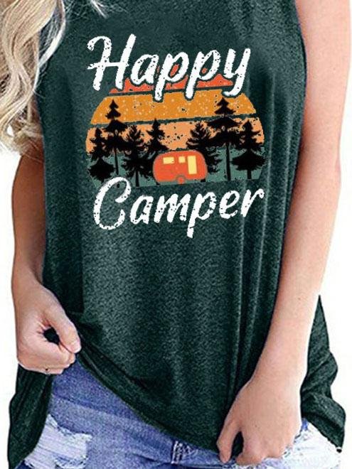Happy Camper Print Crew Neck Tanks Tops - LuckyFash™