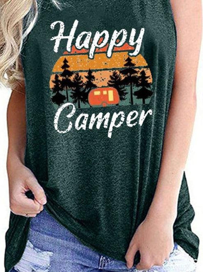 Happy Camper Print Crew Neck Tanks Tops - LuckyFash™