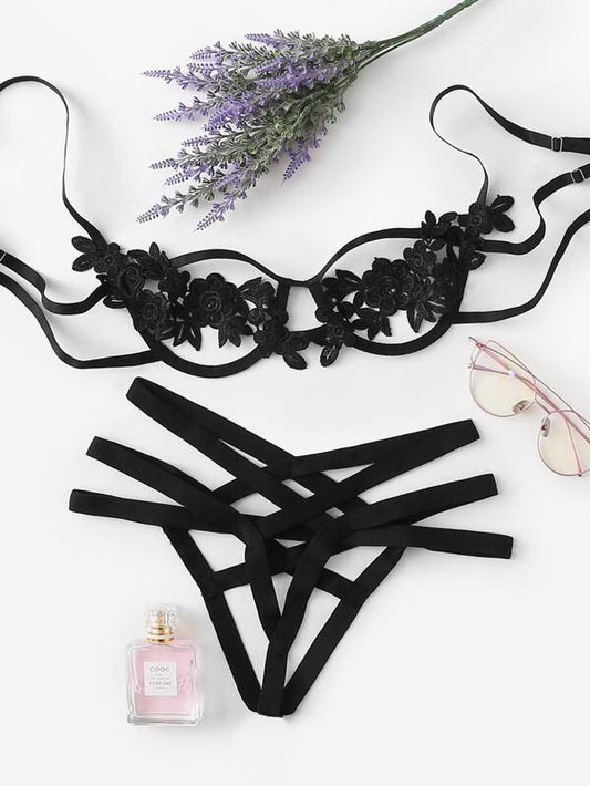 Harness Detail Appliques Underwire Lingerie Set - LuckyFash™