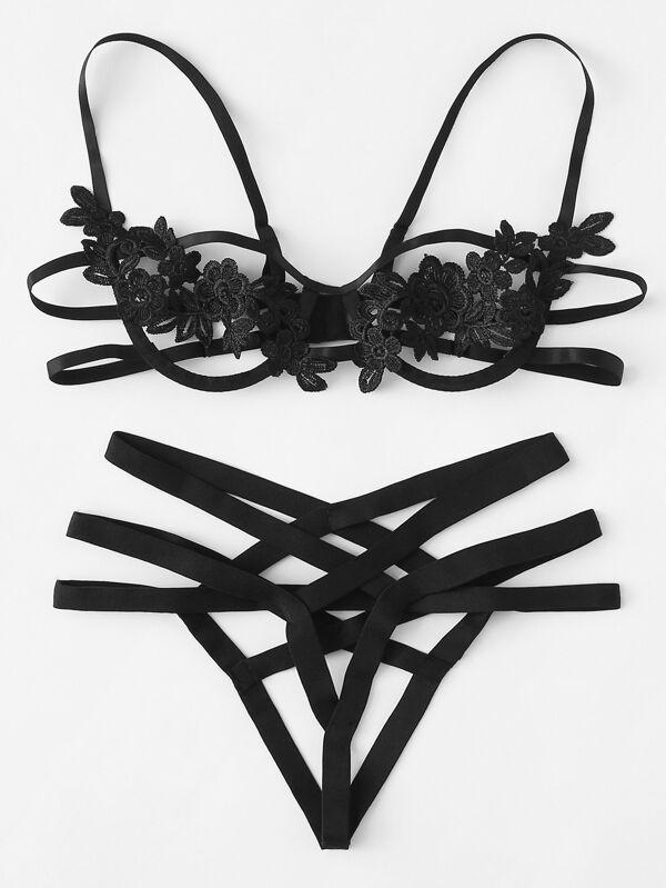 Harness Detail Appliques Underwire Lingerie Set - LuckyFash™