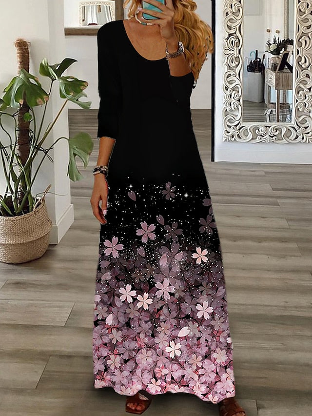 Women's Floral Crew Neck Long Dress Maxi Dress Casual Dress Print Dress Casual Outdoor Daily Weekend Print Long Sleeve Dress Regular Fit White Fall Spring S M L XL XXL - LuckyFash™