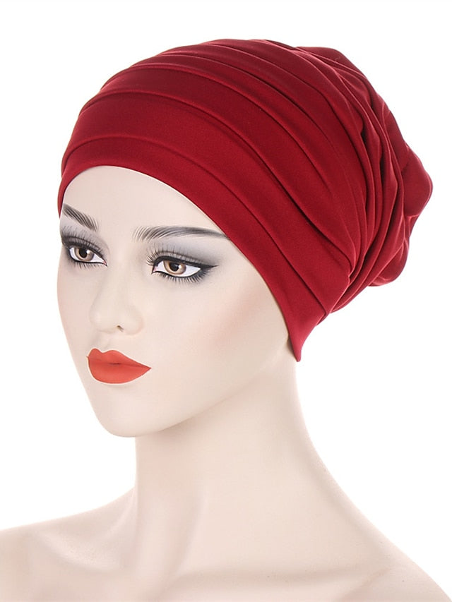 Candy Color Ladies Head Wraps Muslim Hijab Bonnets Fashion Headgear Trendy Elastic Full Body Pleated Turban Cap for Women - LuckyFash™