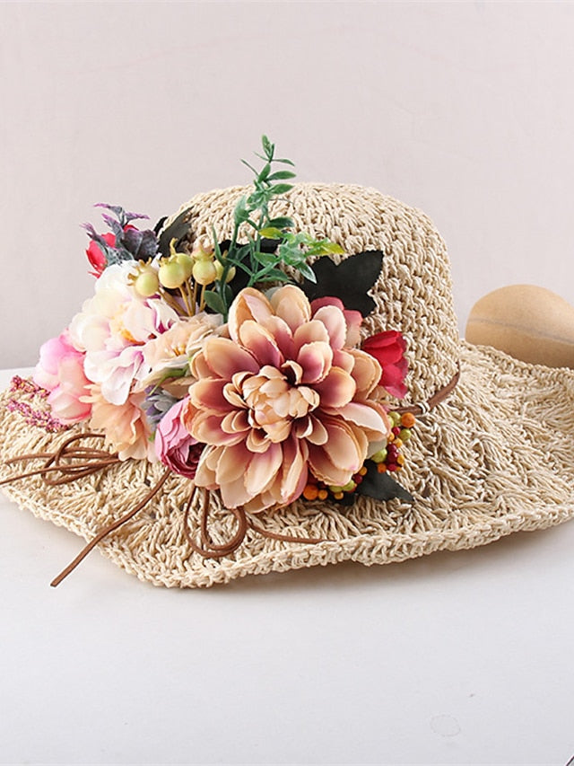 Women's Hat Straw Hat Sun Hat Pink Khaki Navy Blue Party Outdoor Dailywear Floral Floral Portable Windproof Comfort - LuckyFash™