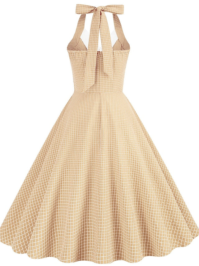 Women's Elegant Retro Vintage Dress Midi Dress Outdoor Daily Ruched Backless Plaid Halter Sleeveless Slim Summer Spring 2023 Lake blue Almond S M L XL - LuckyFash™