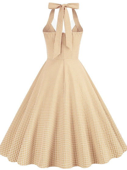 Women's Elegant Retro Vintage Dress Midi Dress Outdoor Daily Ruched Backless Plaid Halter Sleeveless Slim Summer Spring 2023 Lake blue Almond S M L XL - LuckyFash™