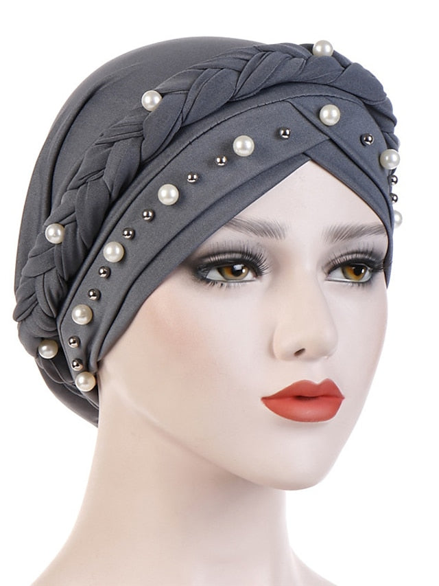 Women Fashion Pearls Muslim Scarf Hijabs Hat Women India Hat Solid Turban Hat Wrap Cap Head Scarf Headscarf Hat Female Hair Accessories - LuckyFash™