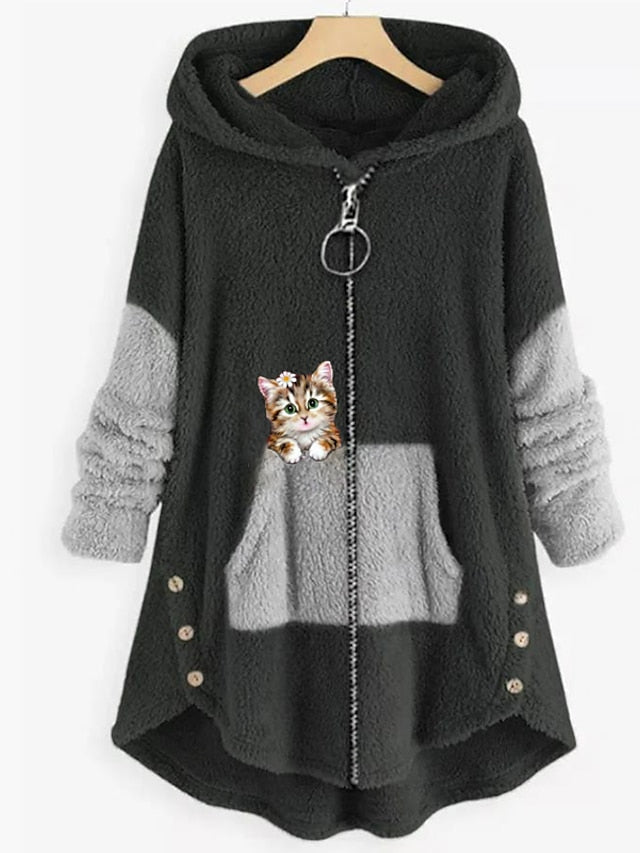 Fleece Jacket Pullover Casual Sherpa Fleece Teddy Zip Up Front Pocket Black Light Green Pink Cat Street Hoodie Plus Size Long Sleeve Fleece for Women - LuckyFash™