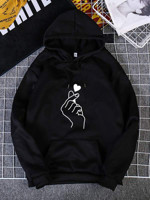 Heart And Gesture Print Thermal Lined Hoodie - LuckyFash™