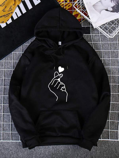 Heart And Gesture Print Thermal Lined Hoodie - LuckyFash™