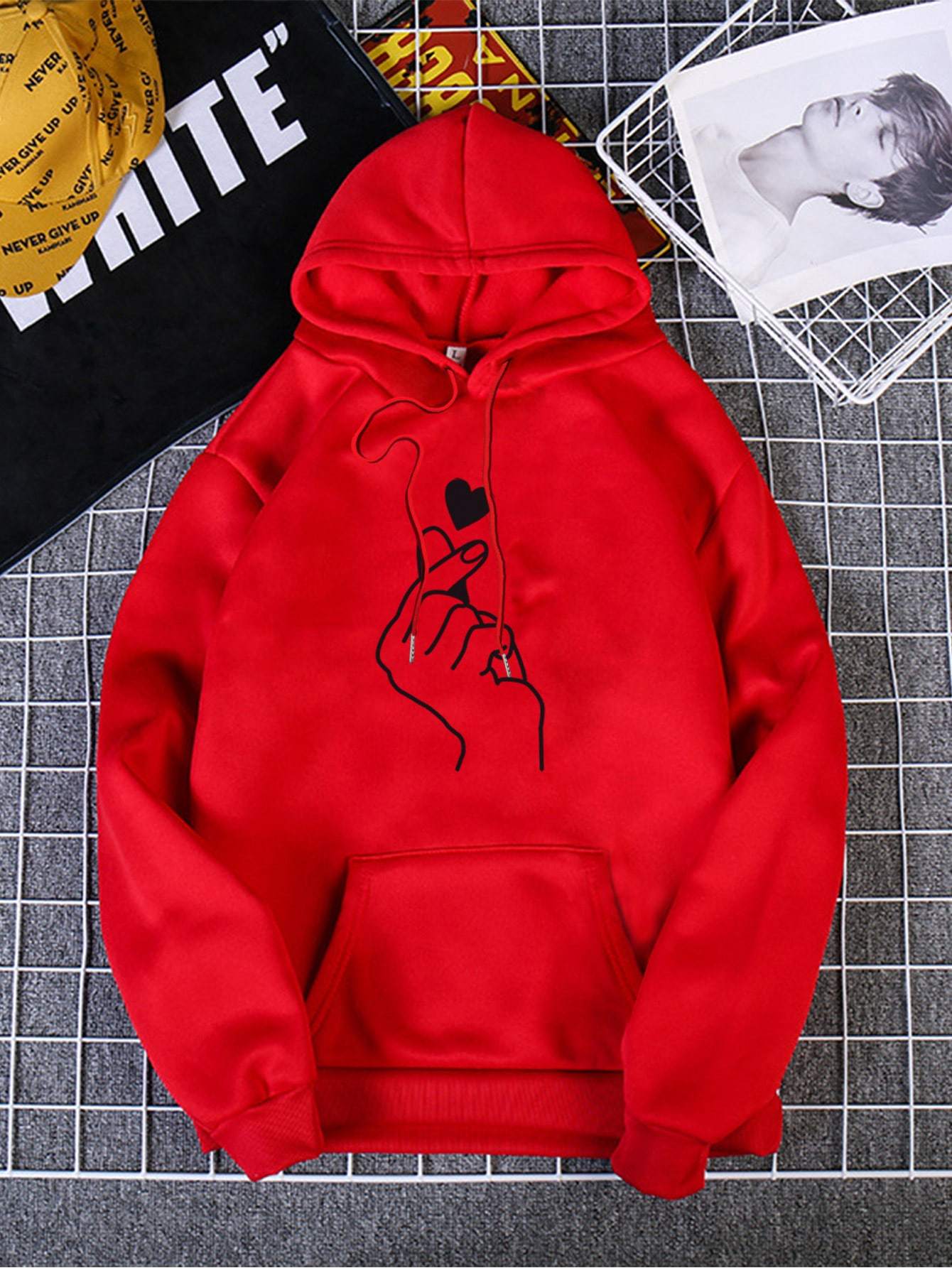 Heart And Gesture Print Thermal Lined Hoodie - LuckyFash™
