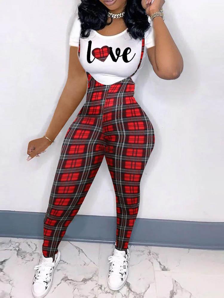 Heart Letter Houndstooth / Plaid Print T-shirt & Suspender Pants Set - LuckyFash™