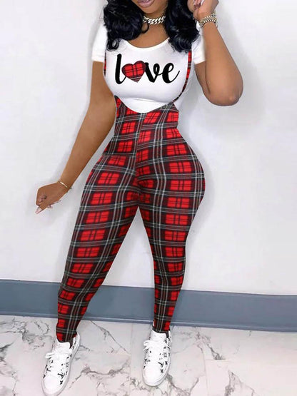 Heart Letter Houndstooth / Plaid Print T-shirt & Suspender Pants Set - LuckyFash™