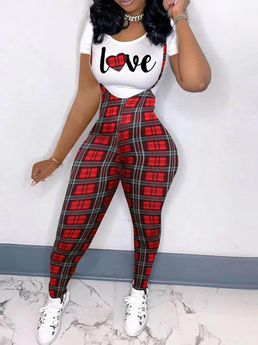 Heart Letter Houndstooth / Plaid Print T-shirt & Suspender Pants Set - LuckyFash™