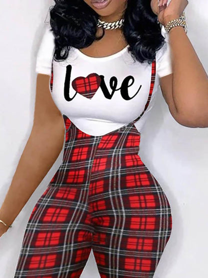 Heart Letter Houndstooth / Plaid Print T-shirt & Suspender Pants Set - LuckyFash™