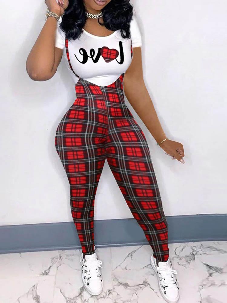 Heart Letter Houndstooth / Plaid Print T-shirt & Suspender Pants Set - LuckyFash™