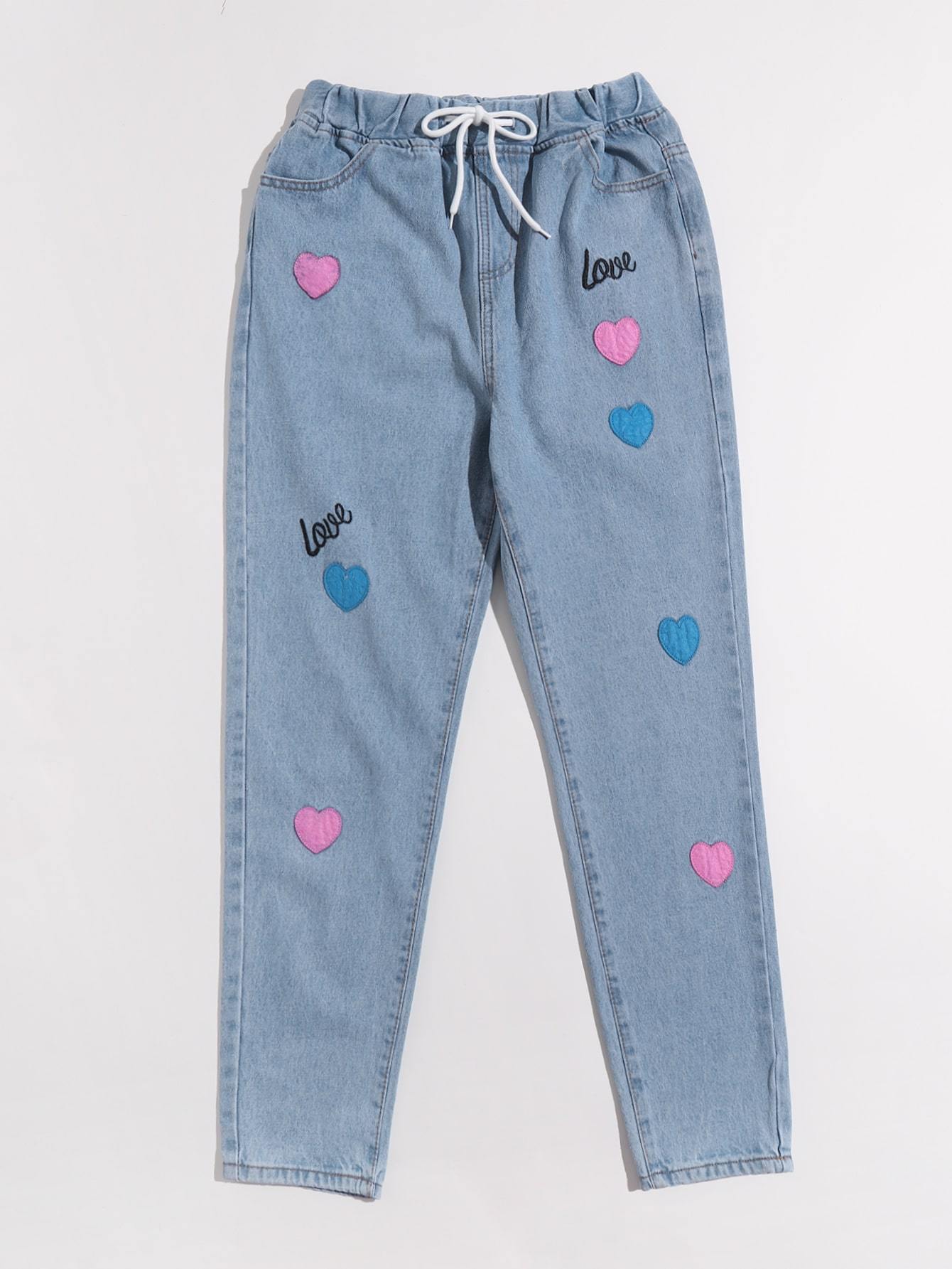 Heart Patched Drawstring Jeans - LuckyFash™