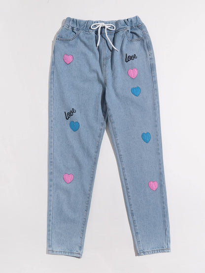 Heart Patched Drawstring Jeans - LuckyFash™