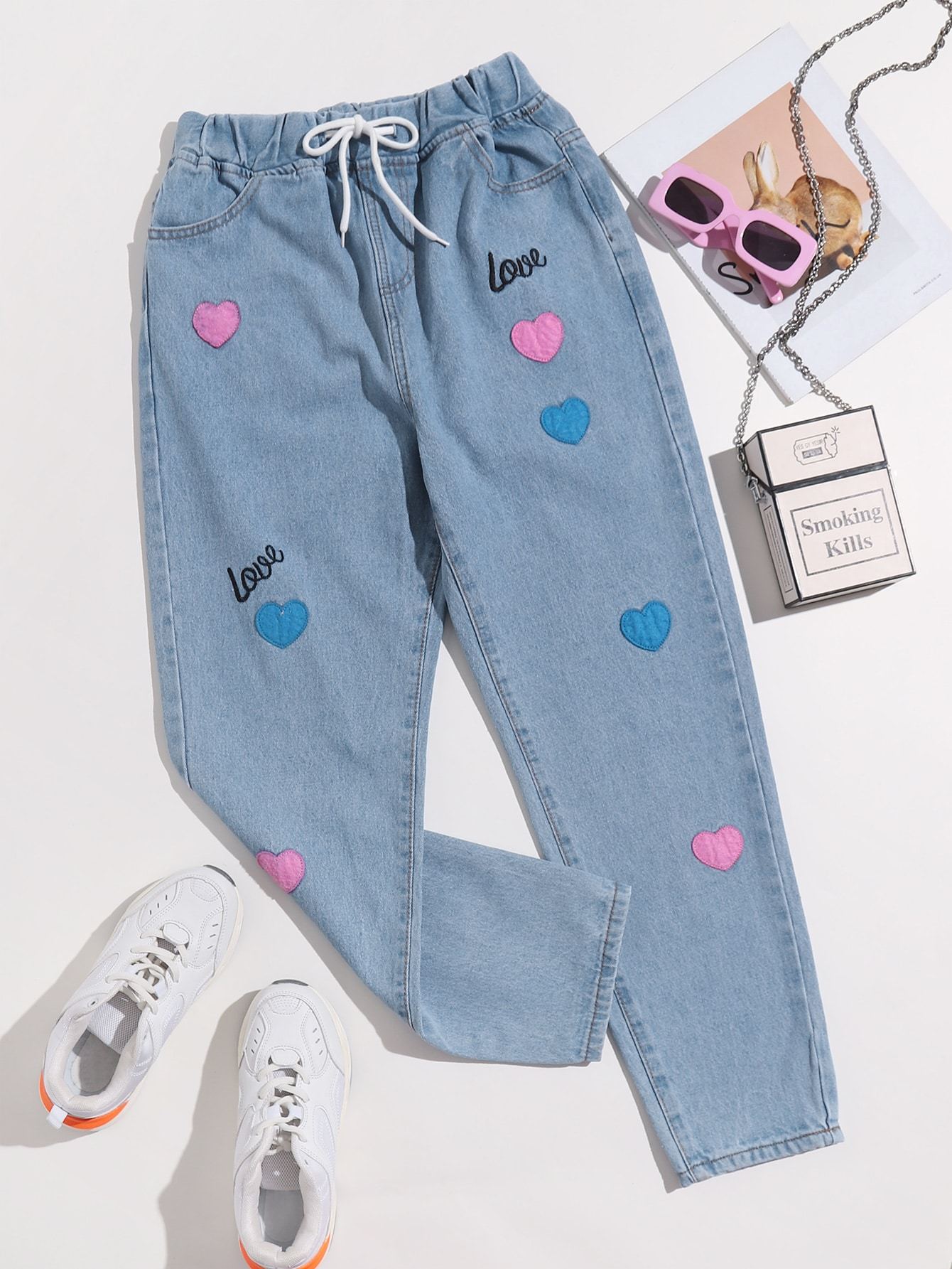 Heart Patched Drawstring Jeans - LuckyFash™