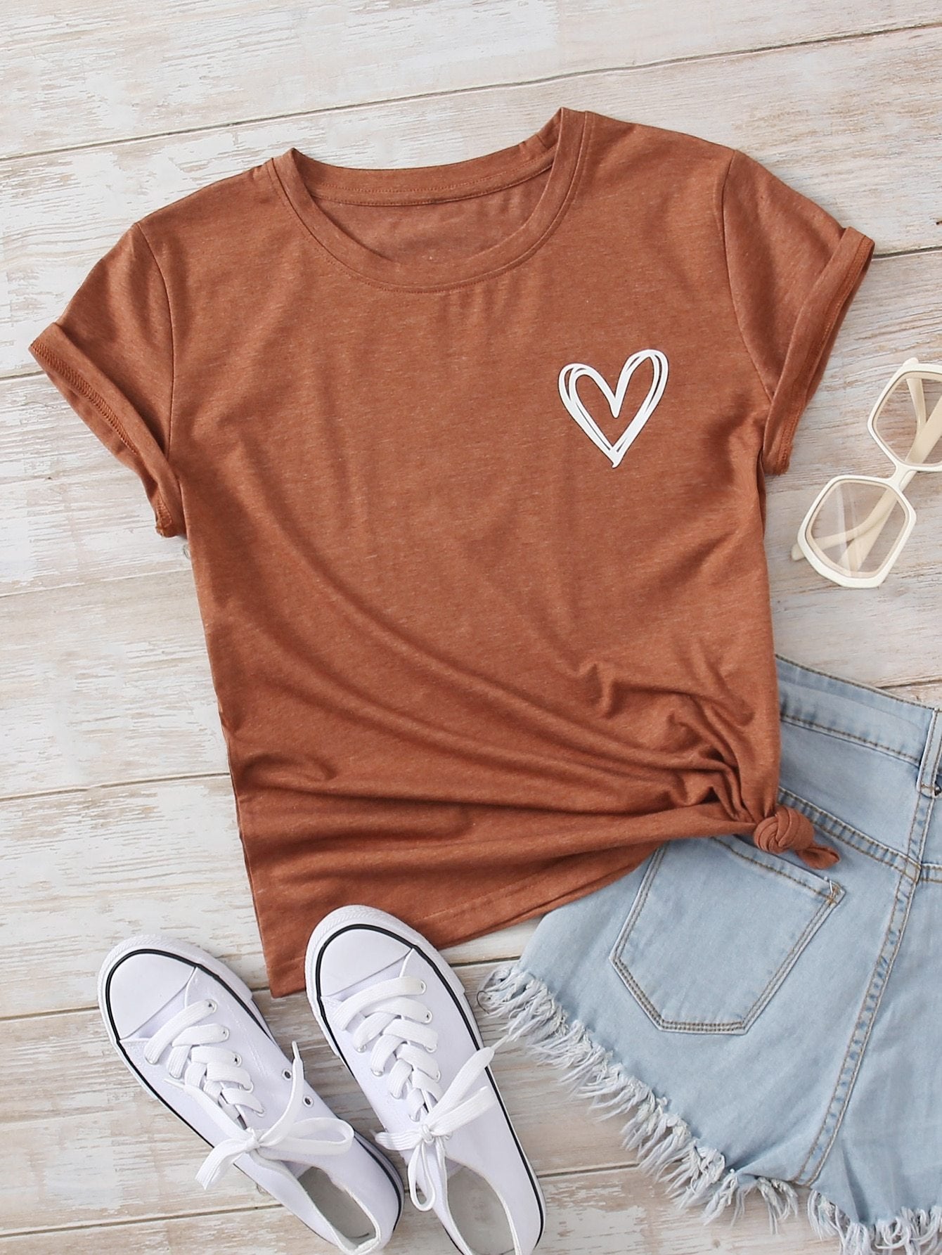 Heart Print Crew Neck Tee - LuckyFash™