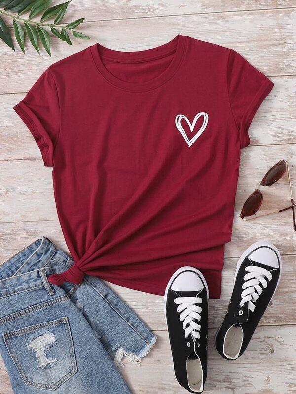 Heart Print Crew Neck Tee - LuckyFash™