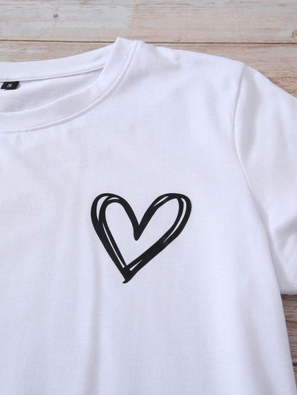 Heart Print Crew Neck Tee - LuckyFash™