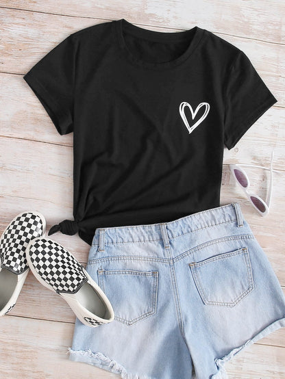Heart Print Crew Neck Tee - LuckyFash™