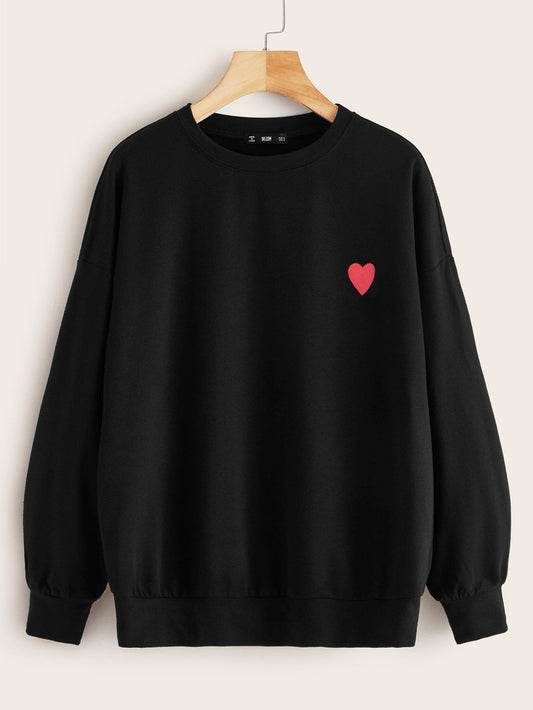 Heart Print Drop Shoulder Pullover - LuckyFash™