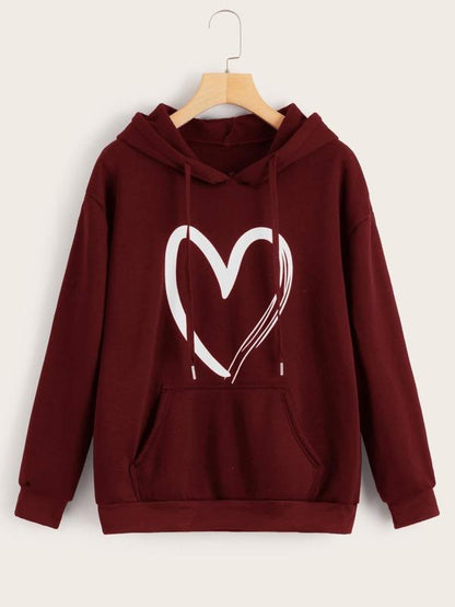 Heart Print Kangaroo Pocket Drawstring Hoodie - LuckyFash™