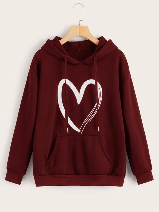 Heart Print Kangaroo Pocket Drawstring Hoodie - LuckyFash™