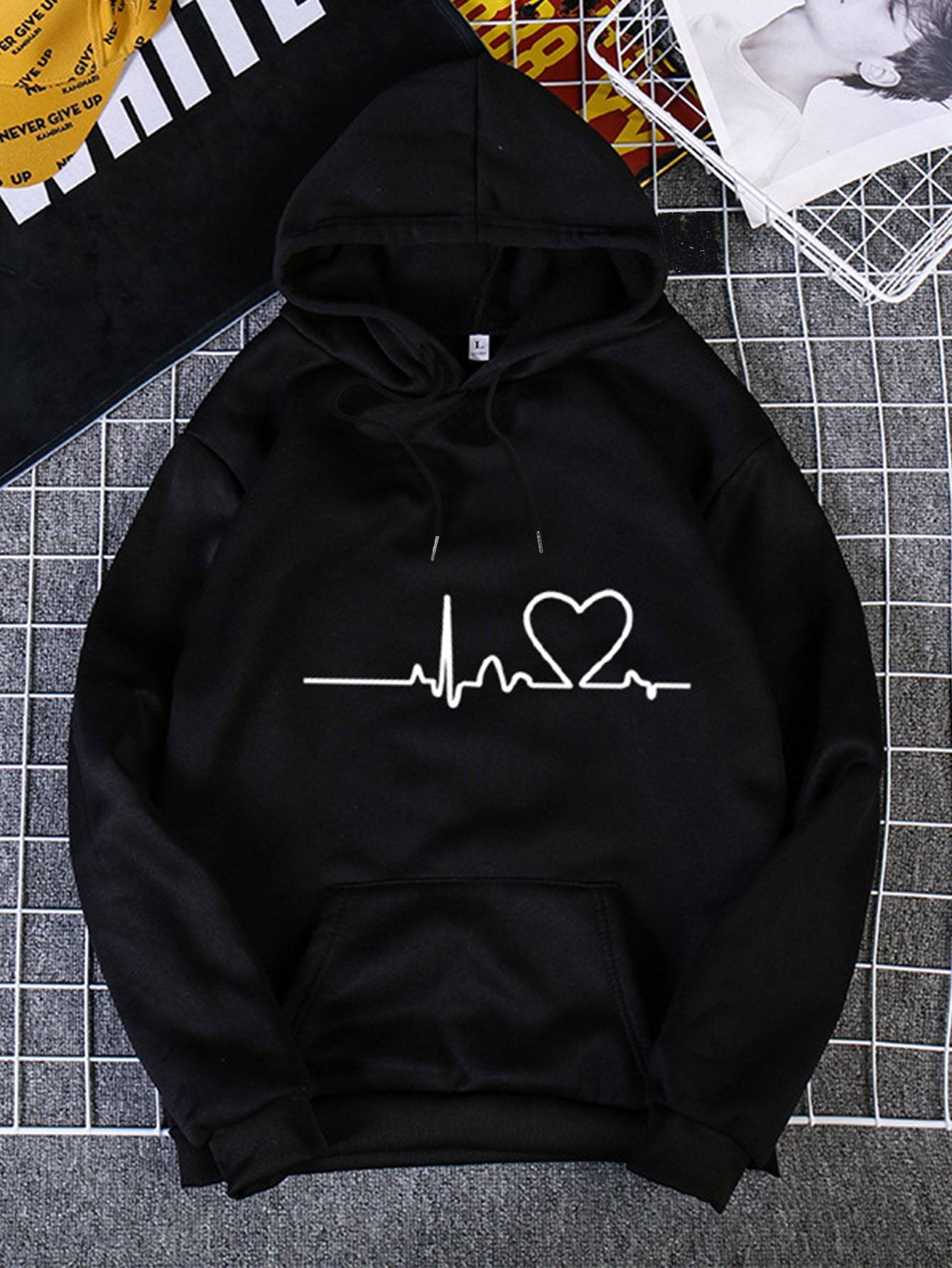 Heart Print Kangaroo Pocket Drawstring Hoodie - LuckyFash™