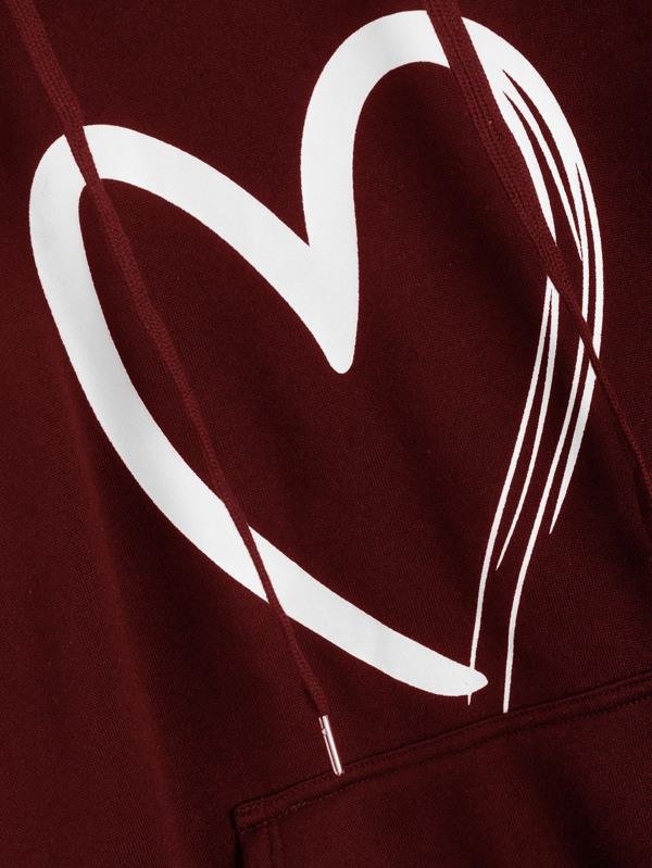 Heart Print Kangaroo Pocket Drawstring Hoodie - LuckyFash™