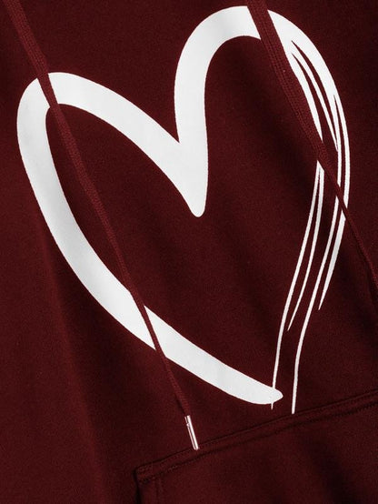 Heart Print Kangaroo Pocket Drawstring Hoodie - LuckyFash™