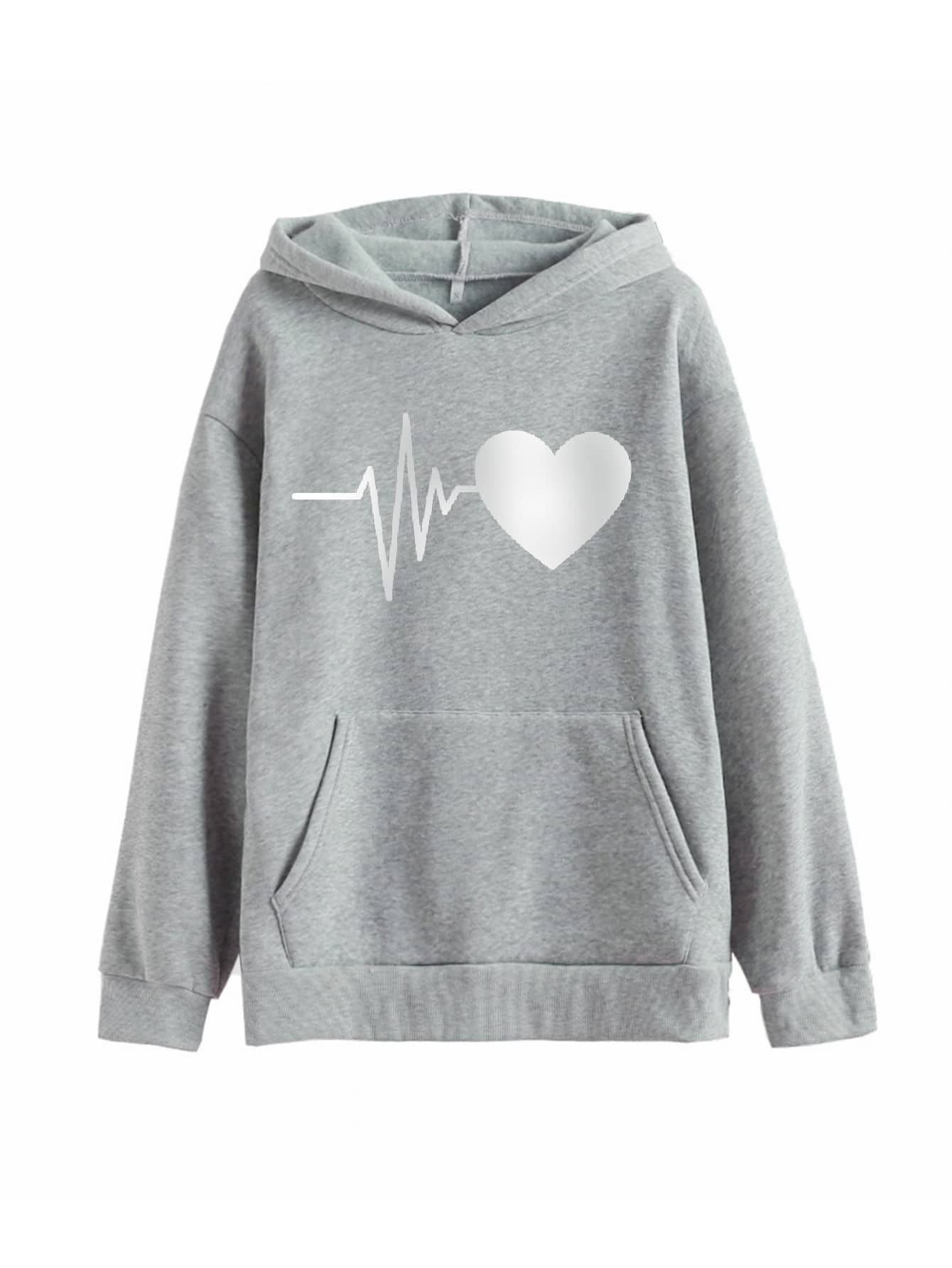 Heart Print Kangaroo Pocket Thermal Hoodie - LuckyFash™