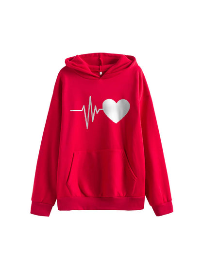 Heart Print Kangaroo Pocket Thermal Hoodie - LuckyFash™