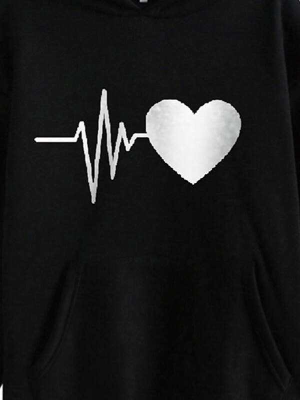 Heart Print Kangaroo Pocket Thermal Hoodie - LuckyFash™