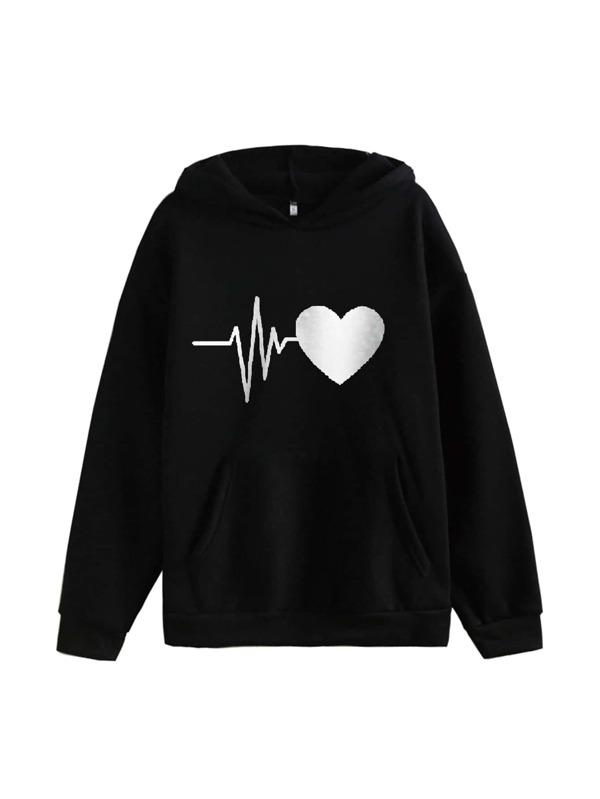 Heart Print Kangaroo Pocket Thermal Hoodie - LuckyFash™