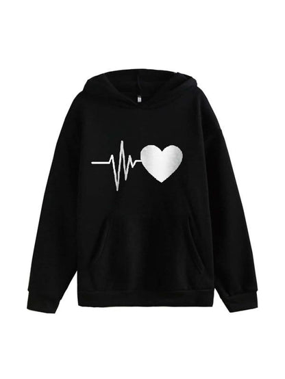 Heart Print Kangaroo Pocket Thermal Hoodie - LuckyFash™