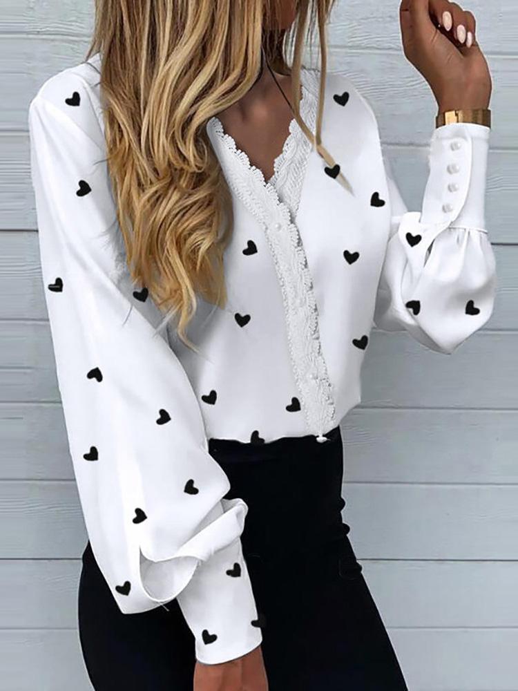 Heart Print Lantern Sleeve Shirt - LuckyFash™