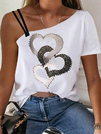 Heart Print One-Shoulder Short Sleeves Casual Blouse - LuckyFash™